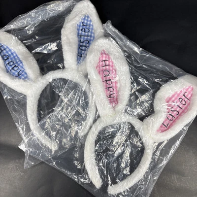2 Happy Easter Bunny Ears Headbands Pink Blue New - Image 1 of 4