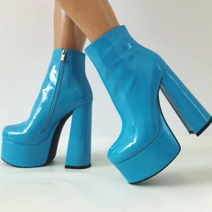 Stivaletti donna tacco alto plateau moda vernice pelle cerniera laterale scarpe - Foto 1 di 7