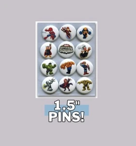MARVEL SUPERHERO SQUAD 1.5" PINS BUTTONS (iron man hulk wolverine thor logos toy - Picture 1 of 2