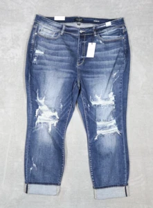 Women's NEW Judy Blue Mid-Rise Boyfriend Fit Factory Distressed Blue Jeans 22W - Picture 1 of 7