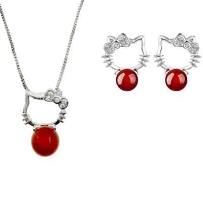 Hello Kitty Red Pendant Necklace and Earrings Set in 925 Sterling Silver. - Image 1 of 4