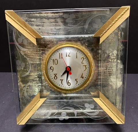 Sessions Art Deco WALL CLOCK Mirror & Etch Glass Gilt Metal Arrow Corners Electr Cover