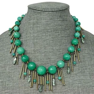 ANTHROPOLOGIE BRASS METAL GREEN STONE STATEMENT NECKLACE NWT - Picture 1 of 4