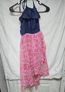Dollhouse Girls Denim And Floral Dress Size 14/16 Blue Pink Summer Halter - Picture 1 of 9