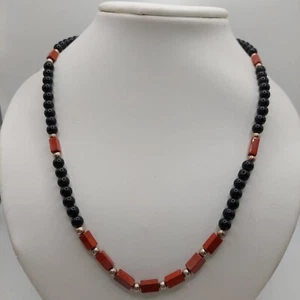 Onyx necklace, red jasper, beaded necklace, sterling silver clasp - Picture 1 of 6