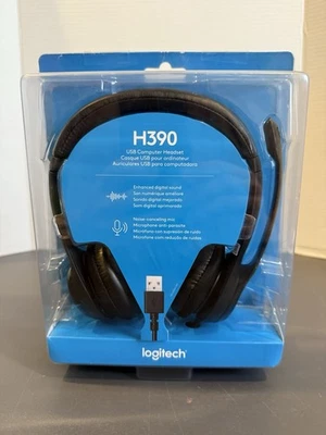 Logitech H390 Wired USB On-Ear Stereo Headphones with Mic PC Laptop Black - Image 1 of 4