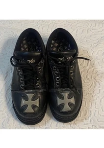 Sha Sha Shoes Women’s Size 7-7.5 READ DESCRIPTION Black Leather Cross Y2K Grunge - Picture 1 of 8