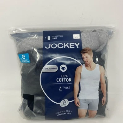 Jockey Men’s 100% Cotton Rib A-Shirt Tanks 4-Pack, Black/Grey Heather, Size L - Image 1 of 4