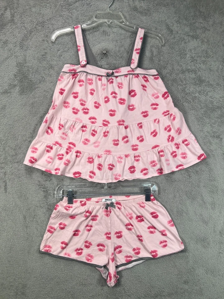 DKNY Womens Small Pink Lips PJ Set 2 PC Pajama Lounge Set Babydoll Top Shorts - Image 1 of 4