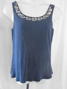 Women Size XL Greensource Navy Tank Top Beaded Trim Cotton - Picture 1 of 5