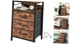 Nightstand with Charging Station,Side Table with Fabric Drawers, Rustic Brown - Picture 1 of 8