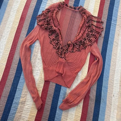 Antique 1920s Orange Rayon Knit Sweater Pull Over Black Ruffle Collar Vintage - Image 1 of 4