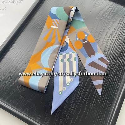 Sallys 18 Momme Twill Silk Scarf Ribbon Geometric Print Hair Bag Neck Tie 33"*2" - Image 1 of 4