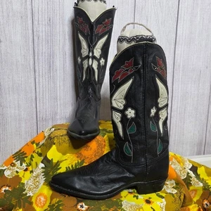 Vintage ACME Butterfly Inlay Cowboystiefel schwarz Leder, Größe 10M - Bild 1 von 12