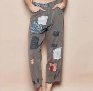 POL Hose Damen mittelgrau Patchwork distressed Boho Grunge Hippie 100% Baumwolle - Bild 1 von 14