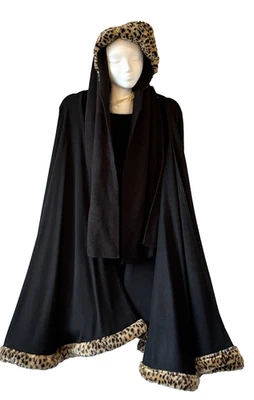 Elegant Black Cape Poncho Leopard Print Faux Fur Trim Shawl Matching Hat Vintage - Image 1 of 4