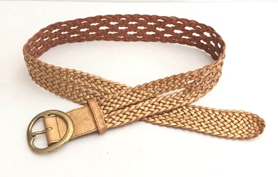 NEW Linea Pelle Handmade Gold Woven Leather Belt Brass Buckle 2" Wide - Image 1 of 4