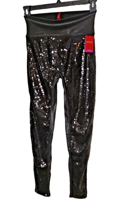 NUEVO CON ETIQUETAS LEGGINGS BRILLANTES SPANX imitación cuero lentejuelas brillantes-#20189R-negro-Talla mediana Foto 1 de 4