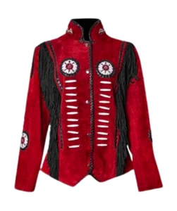 Women Western Style Red Suede Leather Jacket Fringes & Beaded - American Native - Picture 1 of 4