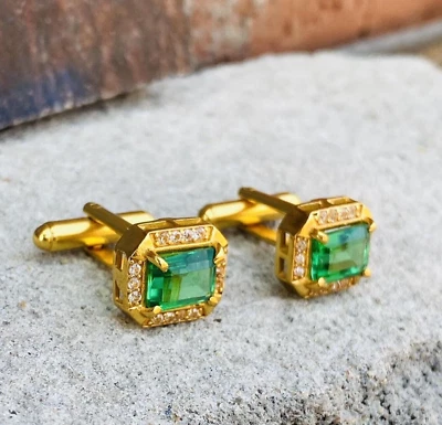 Camisa masculina abotoaduras folheada a ouro amarelo 14K prata criada em laboratório verde esmeralda - Imagem 1 de 4