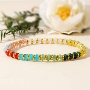 Rainbow 7Charka Gemstone Saucer Beaded Healing Reiki Dainty Crystal Bracelet - Picture 1 of 5