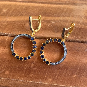 Blue Sapphire Gemstone Earring Pave Diamond 925 Sterling Silver Dangle Earring