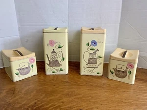 Vintage Ransburg Yellow Tin Canister Set Mod Floral Tea Coffee 50/60s Era Set - Picture 1 of 17