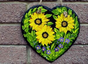 Original Handpainted 8" Slate Heart "Sunflowers Make you Smile" by Judith Rowe