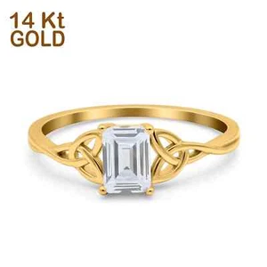 14K Solid Gold Celtic Emerald Cut Engagement Wedding CZ Ring 9mm - Picture 1 of 24