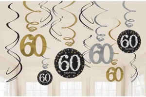 12 x 60 Cumpleaños Colgantes Remolinos Negro Plata Oro Fiesta Decoraciones Edad 60 - Imagen 1 de 1
