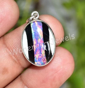 925 Sterling Silver Pendant 16.8 Ct Fire Opal n Onyx Oval Pendant Gift for Her - Picture 1 of 6