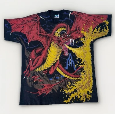 Camisa masculina vintage dragão azul líquido AOP cavaleiro branco GG estampa por toda parte anos 90 EUA - Imagem 1 de 4