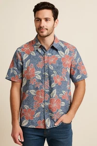 Cooke Street Honolulu Herren L Hawaiihemd blau rot geblümt Aloha 100% Baumwolle - Bild 1 von 4