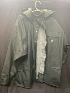 Carhartt Jacket Mens Large Dark Green Waterproof Rain Hooded Work Coat PVC Vinyl - Picture 1 of 10