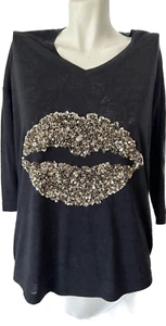 Patrizia Pepe Black Gold Lips Top Marbled Jumper Knit Sequin Floral Kiss V Neck - Picture 1 of 21