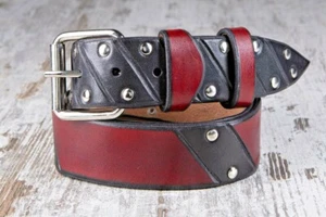 Cintura in pelle cuoio da uomo donna nera rossa 4 cm con borchie artigianale - Foto 1 di 5