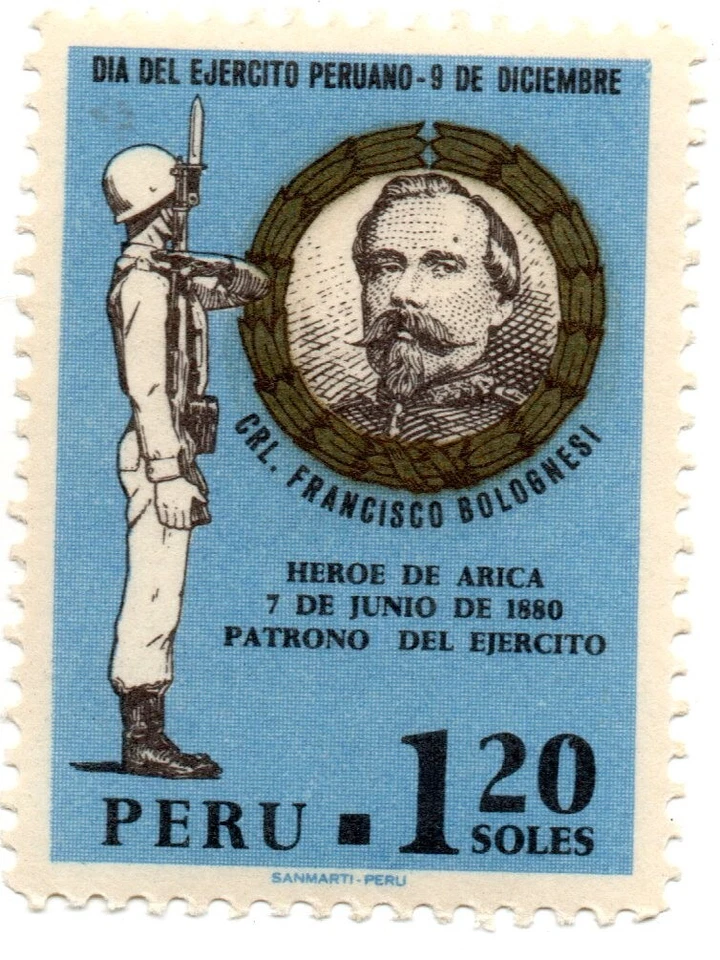 Día del Ejército 9 de Dic, Coronel Francisco Bolognesi, Perú 1969, S/.1.20, aceptar ofertas Foto 1 de 1