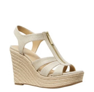 Michael Michael Kors Berkeley Gold Shimmer Linen Zip Up Wedges Size 10 - Image 1 of 4