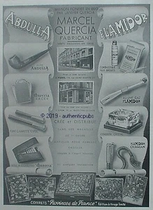 PUBLICITE MARCEL QUERCIA ABDULLA PIPE FLAMIDOR BRIQUET OURAGAN DE 1941 FRENCH AD - Picture 1 of 1