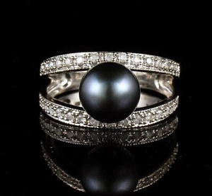 GENUINE 9.7MM BLACK PEARL & ROUND DIAMOND SOLID 14K WHITE GOLD SPLIT SHANK RING - Picture 1 of 11