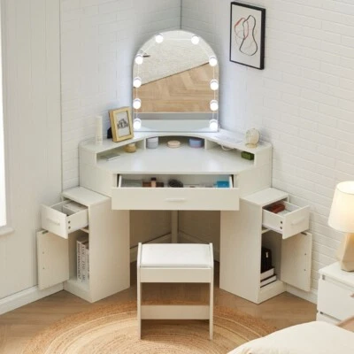 White Mirred Corner Dressing Table with Led  Lights Makeup Desk Vanity Set - Image 1 of 4