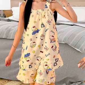 Hello Kitty AOP Ruffle Trim Pajamas Set 2 Piece Cami & Shorts Cotton Loungewear - Picture 1 of 19