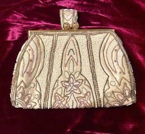 1930s FRENCH GLASS Beaded  Evening Bag FINGER PURSE Kiss Clasp  W/ MIRROR EUC - Picture 1 of 23