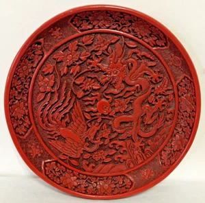 CHINESE RED LACQUER PLATE DECORATIVE CARVED RED CINNABAR WITH DRAGON AND PHOENIX - Picture 1 of 20