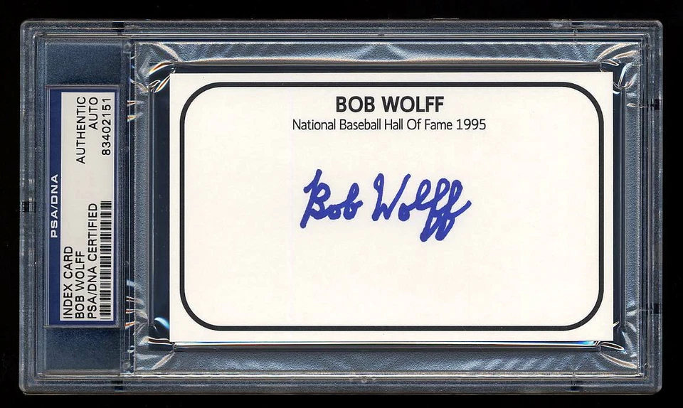 BOB WOLFF SIGNED MINT INDEX CARD PSA/DNA SLABBED AUTOGRAPHED MLB & NBA HOF - Image 1 of 1