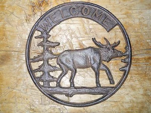 Cast Iron Round MOOSE WELCOME Plaque Sign Rustic Ranch Hunting Camp Decor - Picture 1 of 1