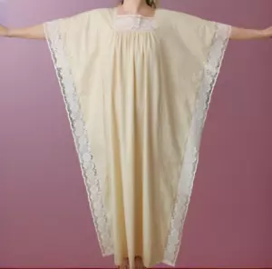 Vintage 60s 70s Maxi Caftan Lace Trim Natural Cotton Dress One Size - Picture 1 of 8
