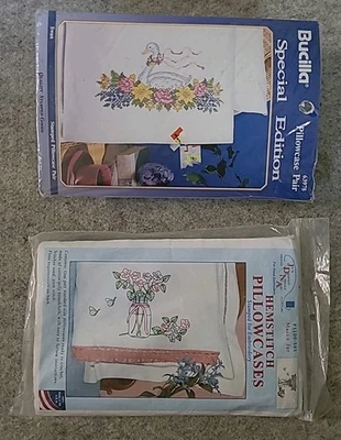 Lot 2 Sets Stamped Pillowcases For Embroidery Cross Stitch Swans, Flowers In Jar - Image 1 of 4