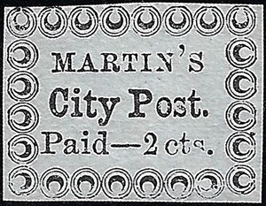US Scott #4LB16 Carriers Stamp MH VF 2 Cnt 1858 Martin's City Post Stamp CV 8000 - Picture 1 of 1