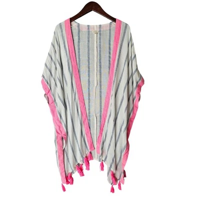 En Crème Kimono Duster Cover Up Striped Tassel Pink White Blue Boho Chic L - Image 1 of 4